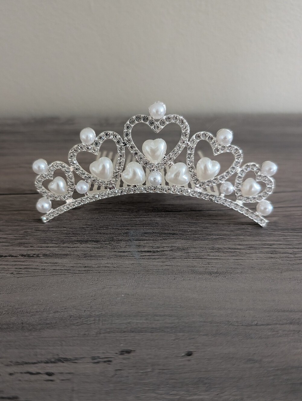Pearl Heart Crystal Tiara - Silver Tone